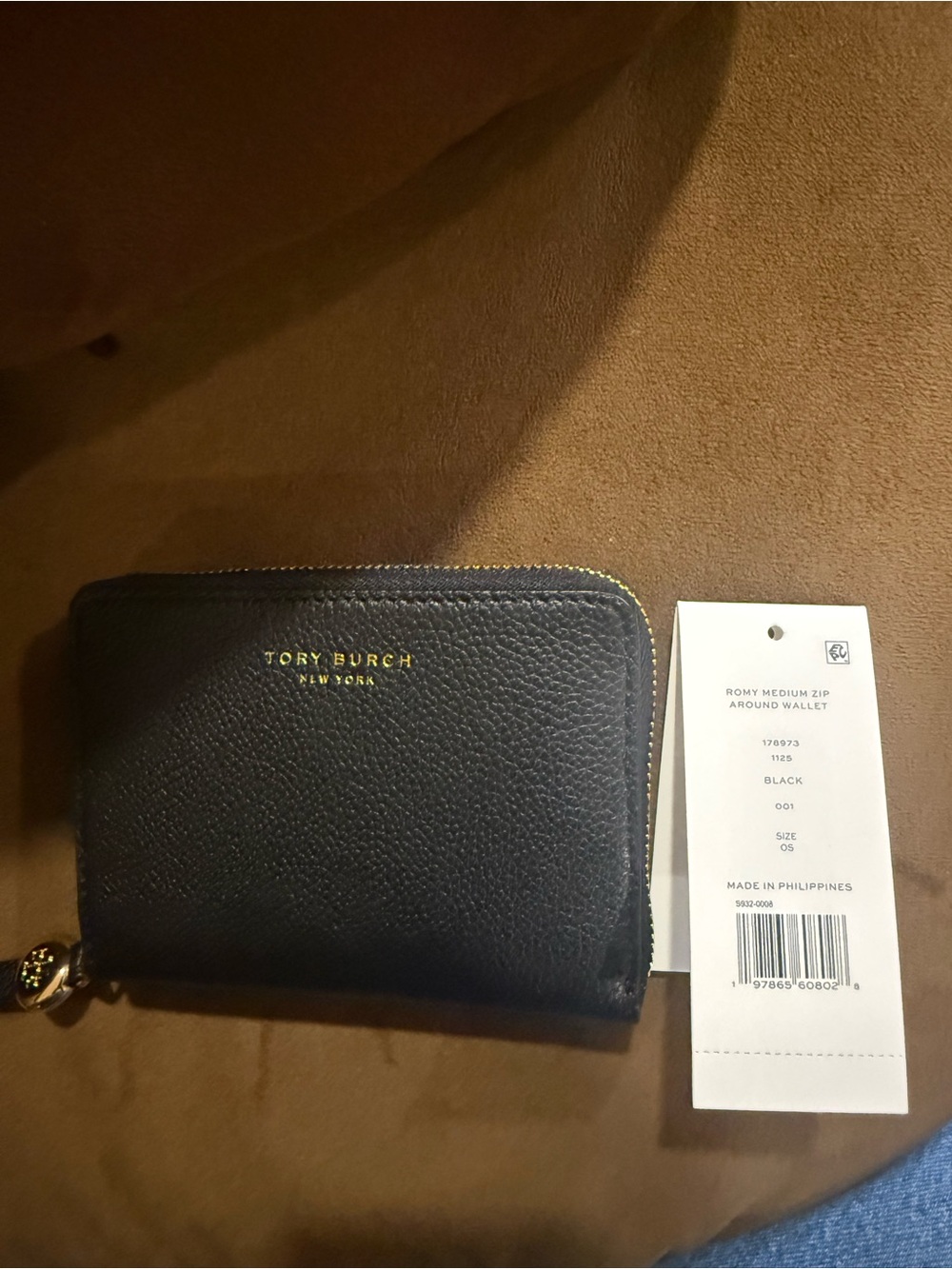 Tory Burch Black Leather Zip Wallet with Gold Logo